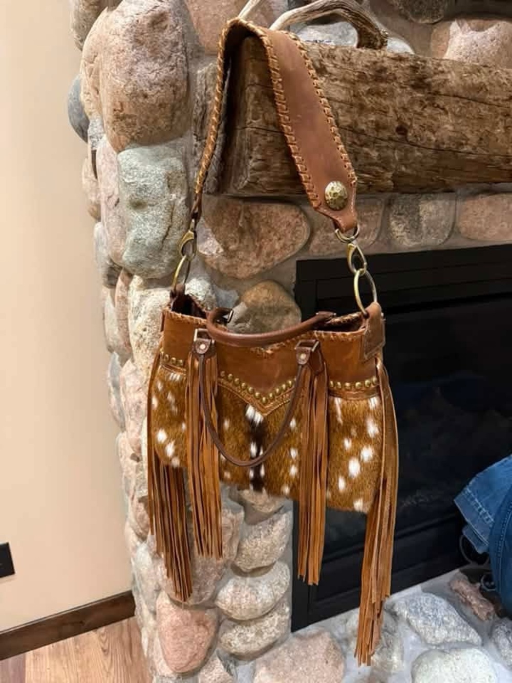 Designer Custom Leather (OOAK) Fringe Shoulder Bag with Hair-on-Hide Accents